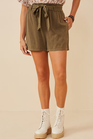 HY5973 Charcoal Womens Garment Dyed Tencel Paperbag Shorts Gif